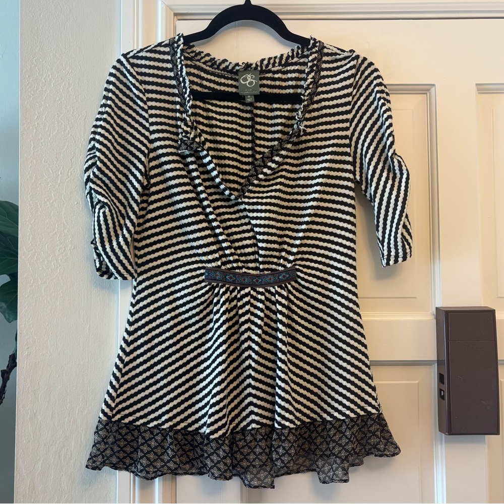 Anthropologie One September Striped 1/2 Sleeved Peplum Ruffle Top - Medium